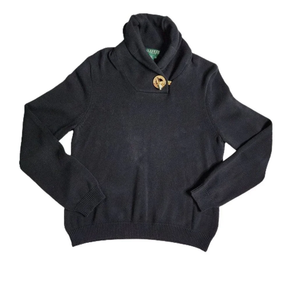GORGEOUS Black Lauren By Ralph Lauren Cotton Pullover Sweater with Gold Toggle - Picture 1 of 7